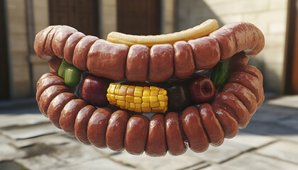 Surreal Sausage Mouth with Corn, Plantain, and Assorted Vegetabl