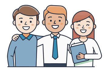 Three smiling diverse colleagues with arms around each other representing teamwork and friendship in a modern workplace setting