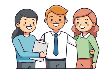 Three smiling cartoon people a man and two women standing together in a friendly group pose with one woman holding a clipboard