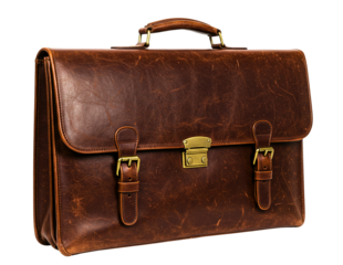Vintage  leather briefcase with brass buckles isolated on transparent background