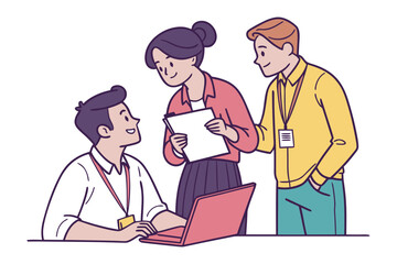 Three diverse colleagues collaborating on a project using a laptop and documents in a modern office setting