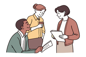 Diverse team collaborating on a project discussing documents and enjoying coffee fostering a positive and productive work environment