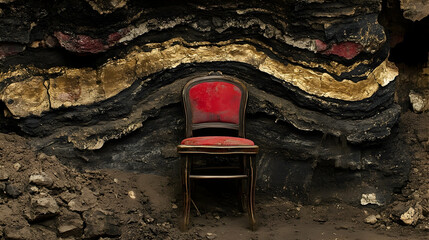 Red Velvet Chair Against Striated Rock Formation in a Dark, Eart