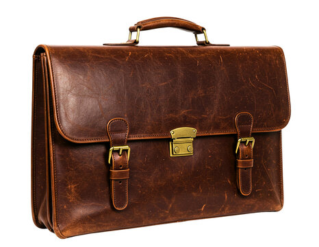 Vintage  leather briefcase with brass buckles isolated on transparent background