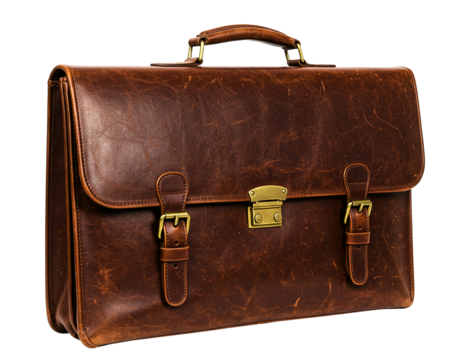 Vintage  leather briefcase with brass buckles isolated on transparent background