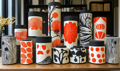 Cylindrical containers with orange and black patterns design elements