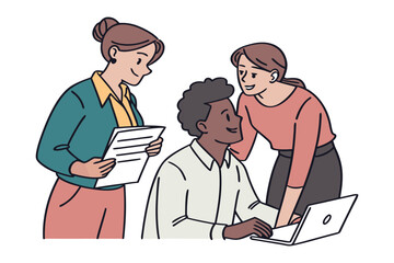 Diverse colleagues collaborating effectively on a project discussing documents and using a laptop in a bright office setting