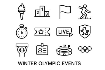 Winter olympic events icon set featuring sports symbols and medal standings