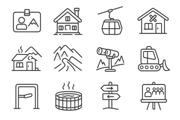 Set of dark grey icon graphics featuring buildings, mountains, skiing, hot tub
