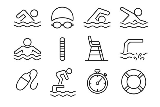 Outline icons of swimming gear and activities on dark background
