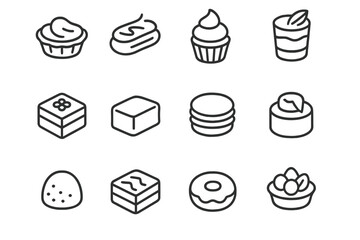 Assorted dessert icons: cupcakes, tarts, macarons, and more