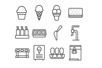 Ice cream icons set featuring cones, sandwich, popsicles, and machines