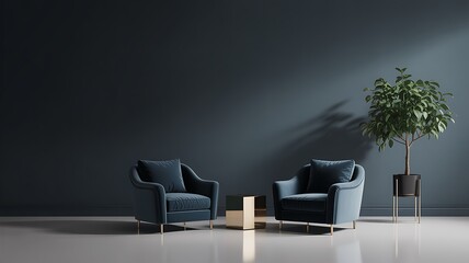 Two plush blue armchairs with gold accents beside a plant velvet