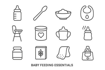 Baby feeding essentials icons collection on dark background
