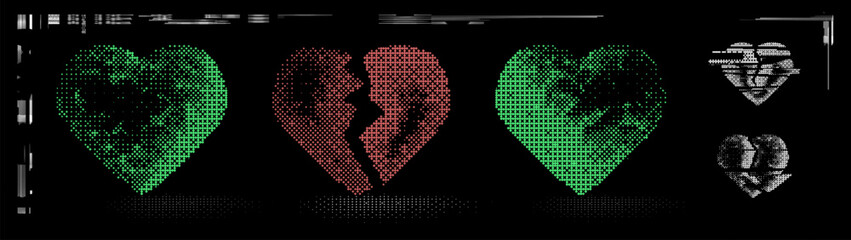 Abstract green hearts with 2000 aesthetics and dadaism in raster style. 3d  set in style y2k brutalism pixel on a black background