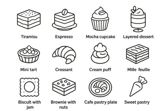 Assorted dessert icons featuring cakes, cupcakes, and pastries
