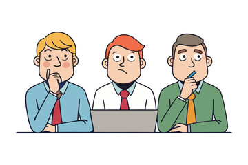 Three businessmen are sitting at a table in front of a laptop appearing thoughtful and concerned about a business problem