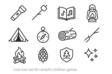 Campfire icon set: flashlight, tent, compass, lantern, logs, tree, flames