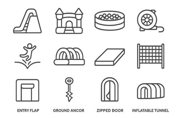 Outline icons of inflatable bounce house features with labels