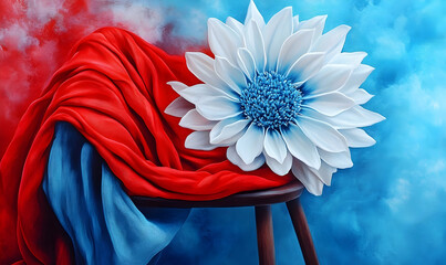 Artistic Floral Arrangement with Red Drape and Blue Centerpiece