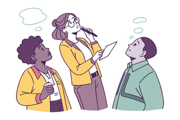 Diverse team collaborating and brainstorming ideas together while looking upwards in thoughtful consideration