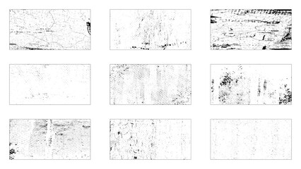 Grunge overlay textures with dust grain isolated on white background. Set of vector paint brush stroke, ink splash and grungy decoration