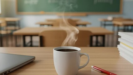 Teacher's coffee steams in empty classroom. Education break, preparing lesson plans, grading papers. School, college, university scenes. Academic life, teacher's lounge vibes. - Powered by Adobe