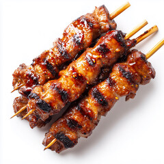 Grilled pork skewers (Moo Ping) with visible grill marks and glistening glaze