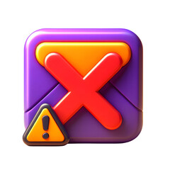 Obraz premium 3D Cartoon Icon of Spam Envelope with Red Cross and Warning Sign in Plastic Style