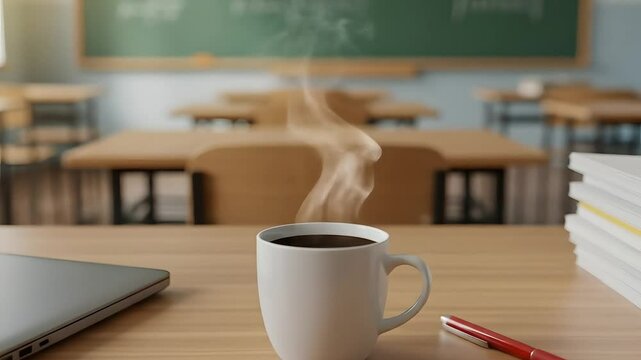 Teacher's coffee steams in empty classroom. Education break, preparing lesson plans, grading papers. School, college, university scenes. Academic life, teacher's lounge vibes.