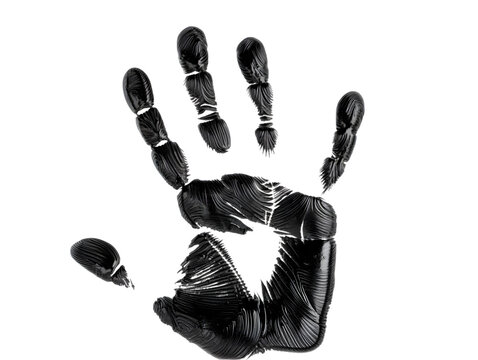 Black hand print silhouette on white background with fingers and palm details