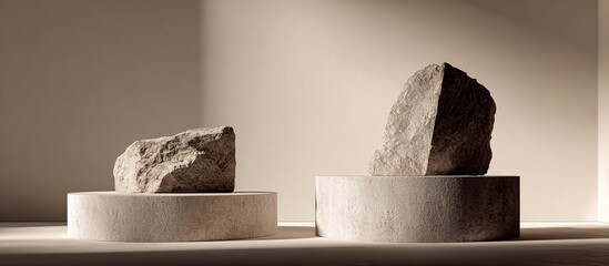 Stone podiums on a neutral beige gray studio background with two rock forms for showcasing cosmetic products creating an abstract minimalist scene with a trendy vibe and copy space image