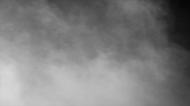 Dense, thick white fog bank rolls in from left, completely filling black screen. Perfect transition, reveal, or heavy weather atmosphere effect