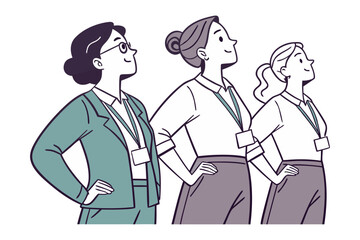Three diverse women in professional attire stand together with confidence looking upwards with hopeful expressions