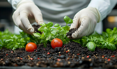 Gloved hands tending basil and tomatoes in dark soil, a culinary