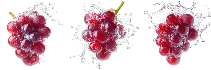 Splashing freshness: Three bunches of red grapes in water with dynamic splash