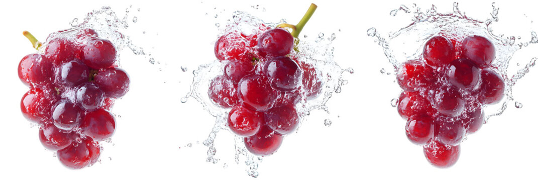 Splashing freshness: Three bunches of red grapes in water with dynamic splash