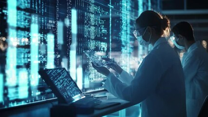 A scientists in lab coats working with digital interface and screen showing data and information a - Powered by Adobe