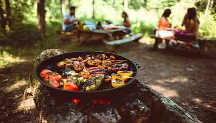 Summer picnic friends grilling food outdoors nature setting