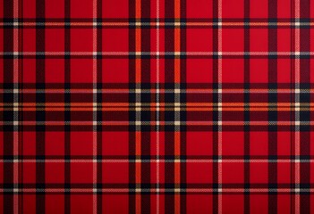 vibrant red plaid textile pattern with intersecting black white and orange lines in a classic