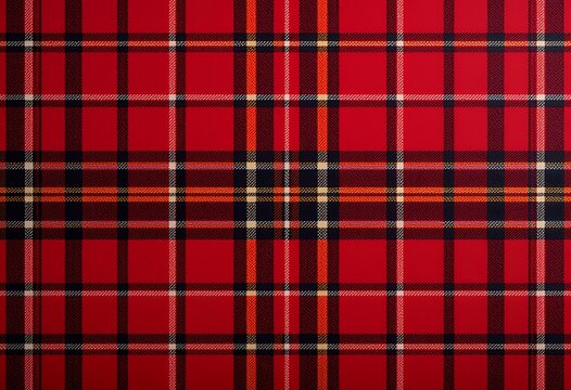vibrant red plaid textile pattern with intersecting black white and orange lines in a classic