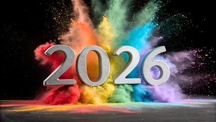 Colorful 2026 new year celebration explosion with vibrant powder burst on black background. 2026 text with bright multicolor powder explosion on black background