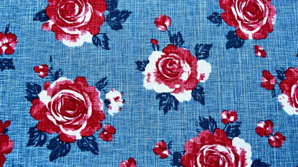 Vivid Red Roses and Blue Fabric Pattern with Detailed Floral Arr