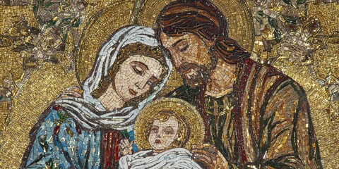 Holy family mosaic with the Virgin Mary and Joseph gazing at baby Jesus. Christian religious art for Christmas.