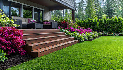 Luxurious Outdoor Deck with Vibrant Flowers, Green Lawn, and Com