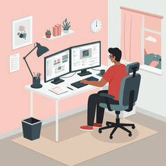 Fototapeta premium A young woman comfortably works from home on her laptop, participating in a virtual video conference from her cozy living room couch.