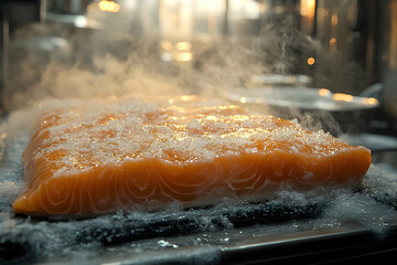 Steaming Salmon Fillet on Ice Bed, Backlit with Warm Kitchen Lig