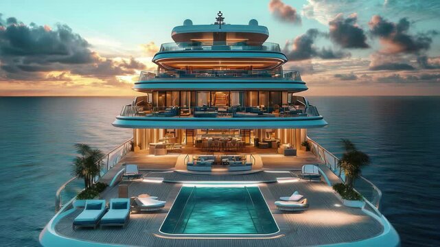A a luxurious yacht with a pool sailing on the ocean at sunset with a beautiful sky overhead view of the boat a