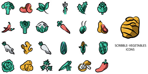 Scribble Vegetable simple concept 24 hand drawn color icons set .Vector illustration.	
