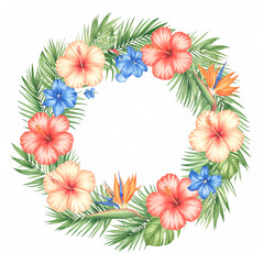 Fototapeta premium A vibrant floral wreath frames your design with a beautiful border of spring blossoms, perfect for any holiday or summer illustration